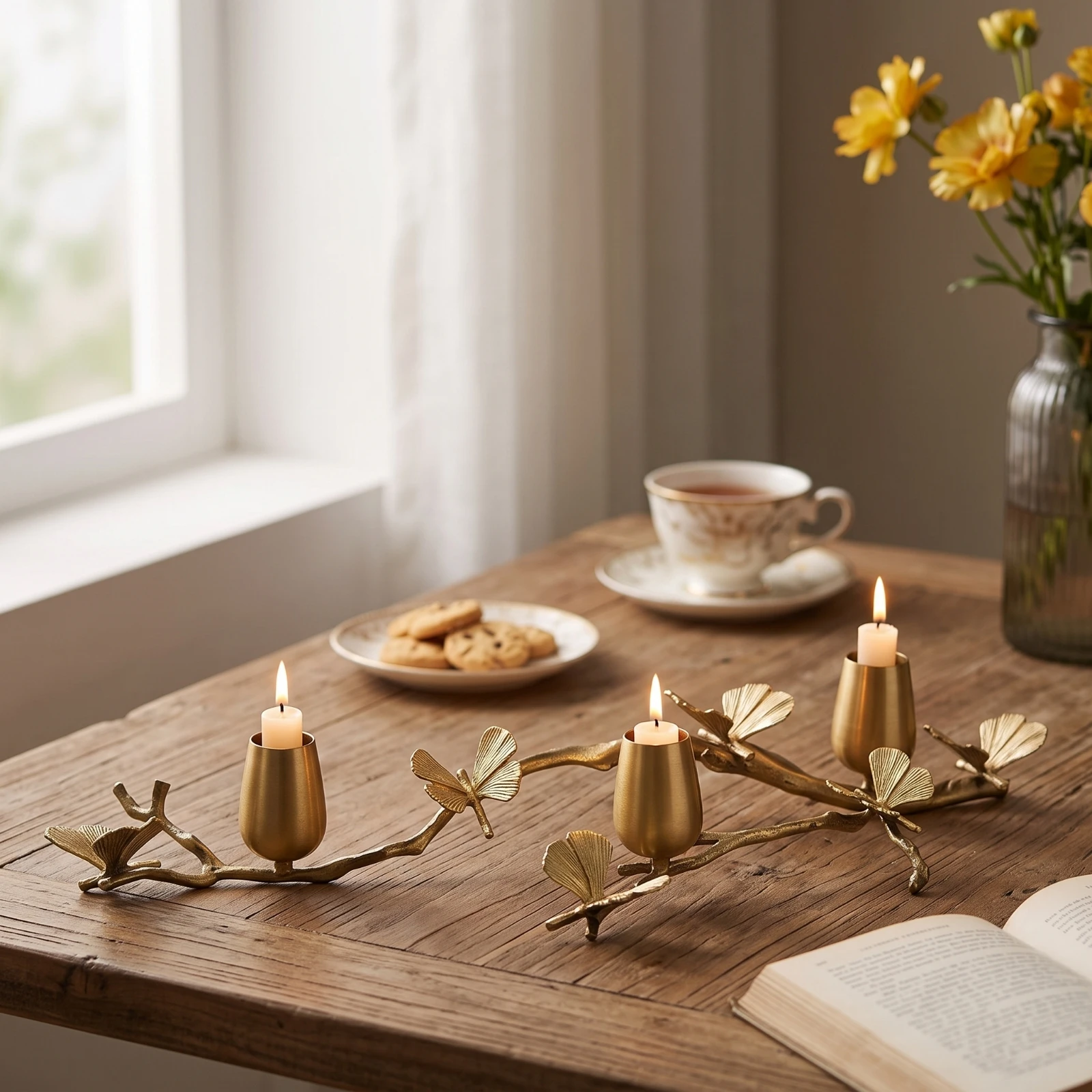 Candle Holder with Ginkgo Leaves Tapered Brass Candlestick Holder Taper Candle Stand Elegant Decor Ornate for Brides