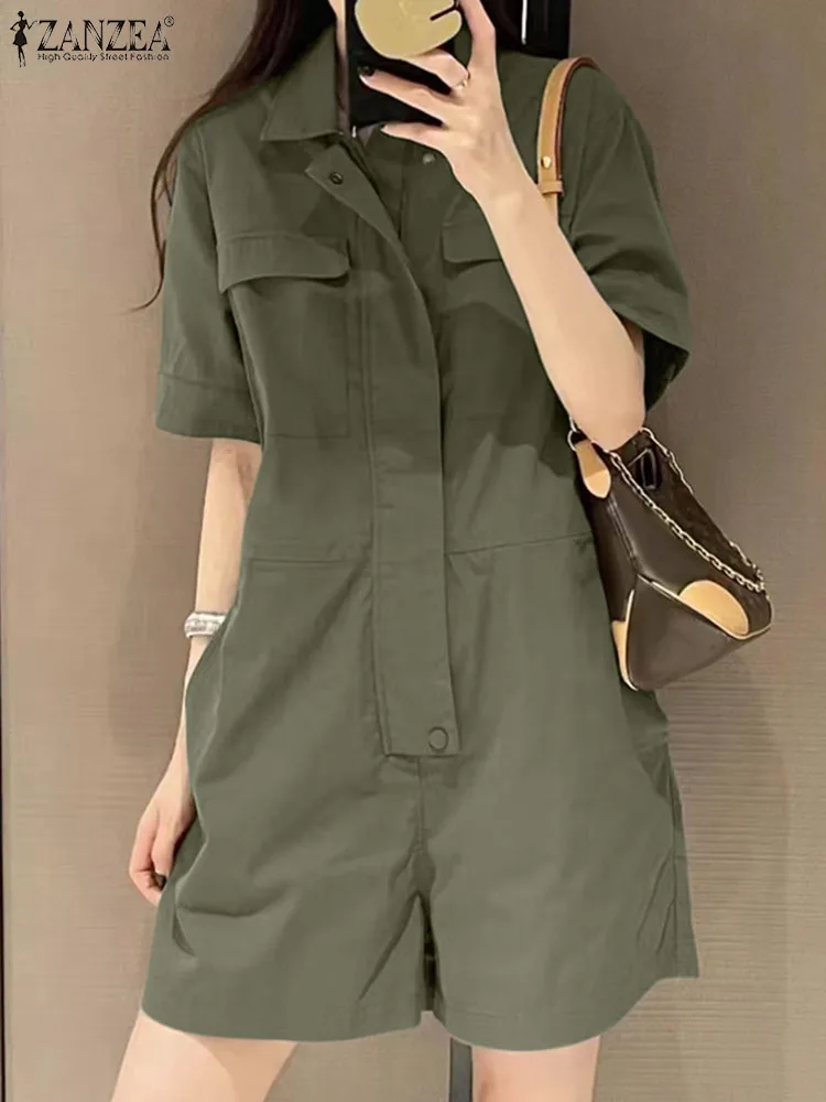 2024 ZANZEA Summer Fashion Jumpsuits Women Rompers Fashion Lapel Neck Short Sleeve Playsuits Elegant Solid OL Work Overalls