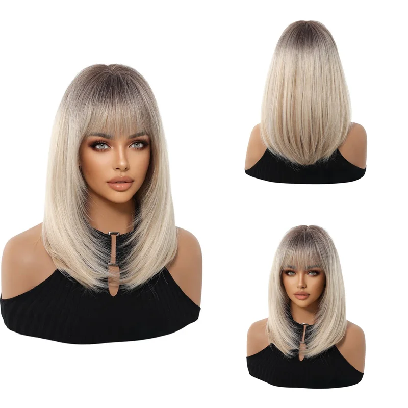 

Dark Roots Ombre Ash Blonde Bob Wig with Bangs Short Straight Synthetic Wig Natural Looking Party Daily Cosplay Heat Resistant