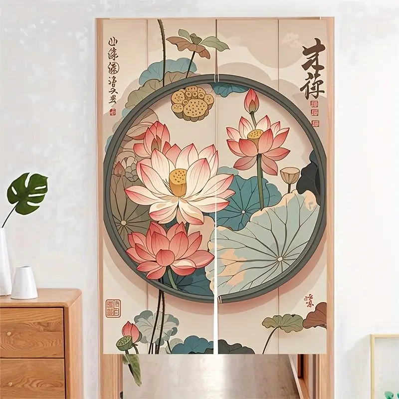 VIKAMA Chinese Pink Lotus Noren Door Curtain Zen Moon Window Half Doorway Curtain for Kitchen Bedroom Living Room Home Decor