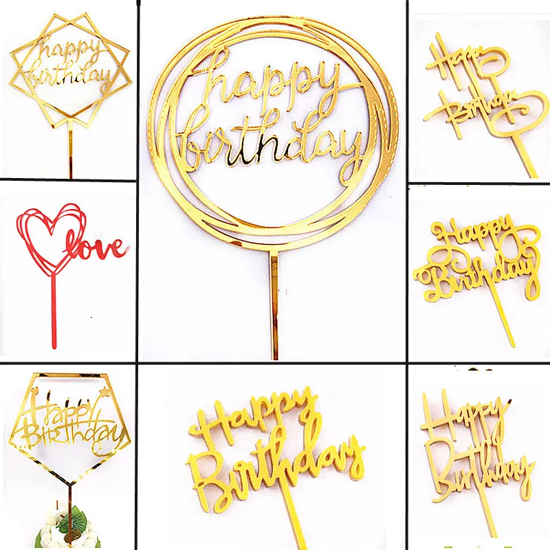 10 Pcs 36 Styles Happy Birthday Cake Topper Pink Gold Acrylic Cake Toppers Baby Shower Cake Birthday Party Cake Flag Decorations