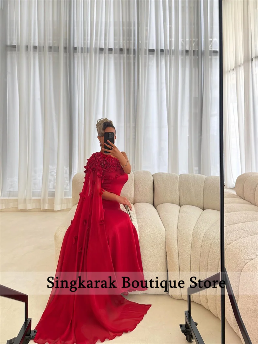 

Charming Women's Mermaid One Shoulder Red Evening Dresses Customized Formal Party Prom Gowns Flowers Vestidos De Fiesta