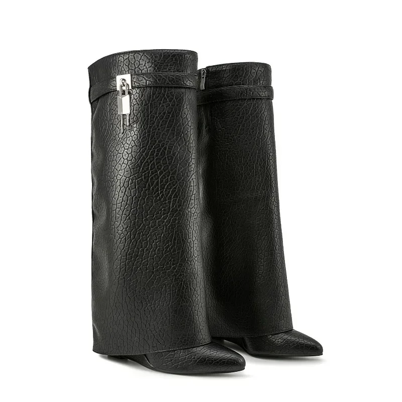 Women\'s Genuine Leather Round Toe Leg Boots with Knee Length Metal Buckle Decoration, Silver Wedge Heel Knee Length Boots