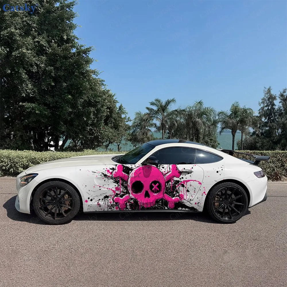 

2pcs Black Pink Skeleton, Durable, Fade-resistant, Enhance Vehicle Aesthetics With Bold Artistic Design Car Vinyl Wraps