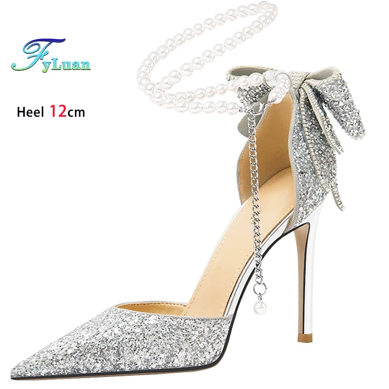 

Женская обувь на высоком каблуке с серебристым жемчужным бантом 12 см, 10 см, 8 см, женские туфли-лодочки на тонком каблуке с острым носком, вечерние туфли на шпильке с неглубоким носком