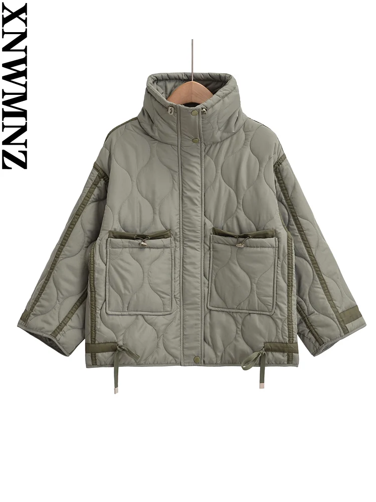 Xnwmnz moda feminina 2024 outono/inverno acolchoado jaqueta feminina vintage suporte pescoço bolso zíper casual feminino outerwear