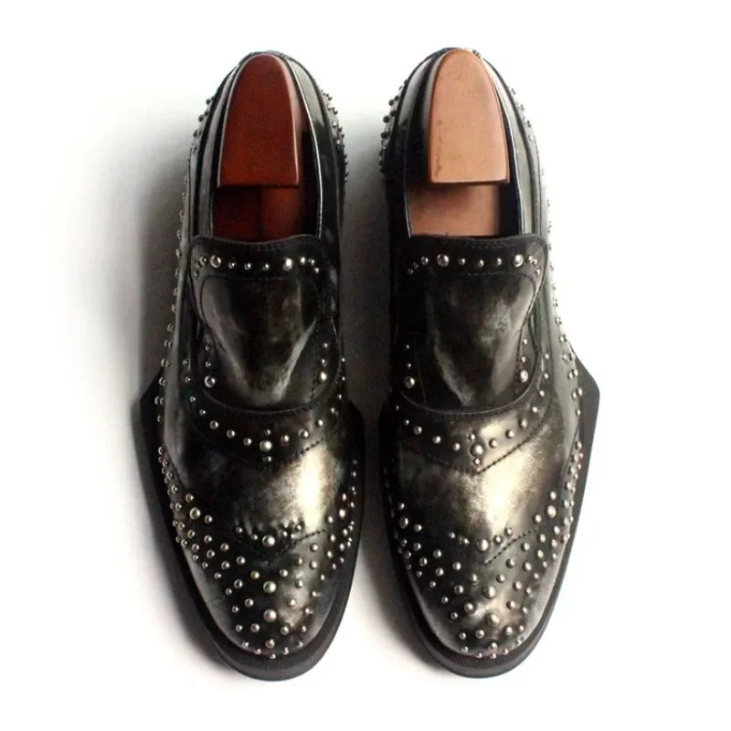 New Shaped Heel Fashion Rivets Leather Shoes Men Handmade Genuine Leather Dress Slip on Loafers Oxfords Office Male Shoes