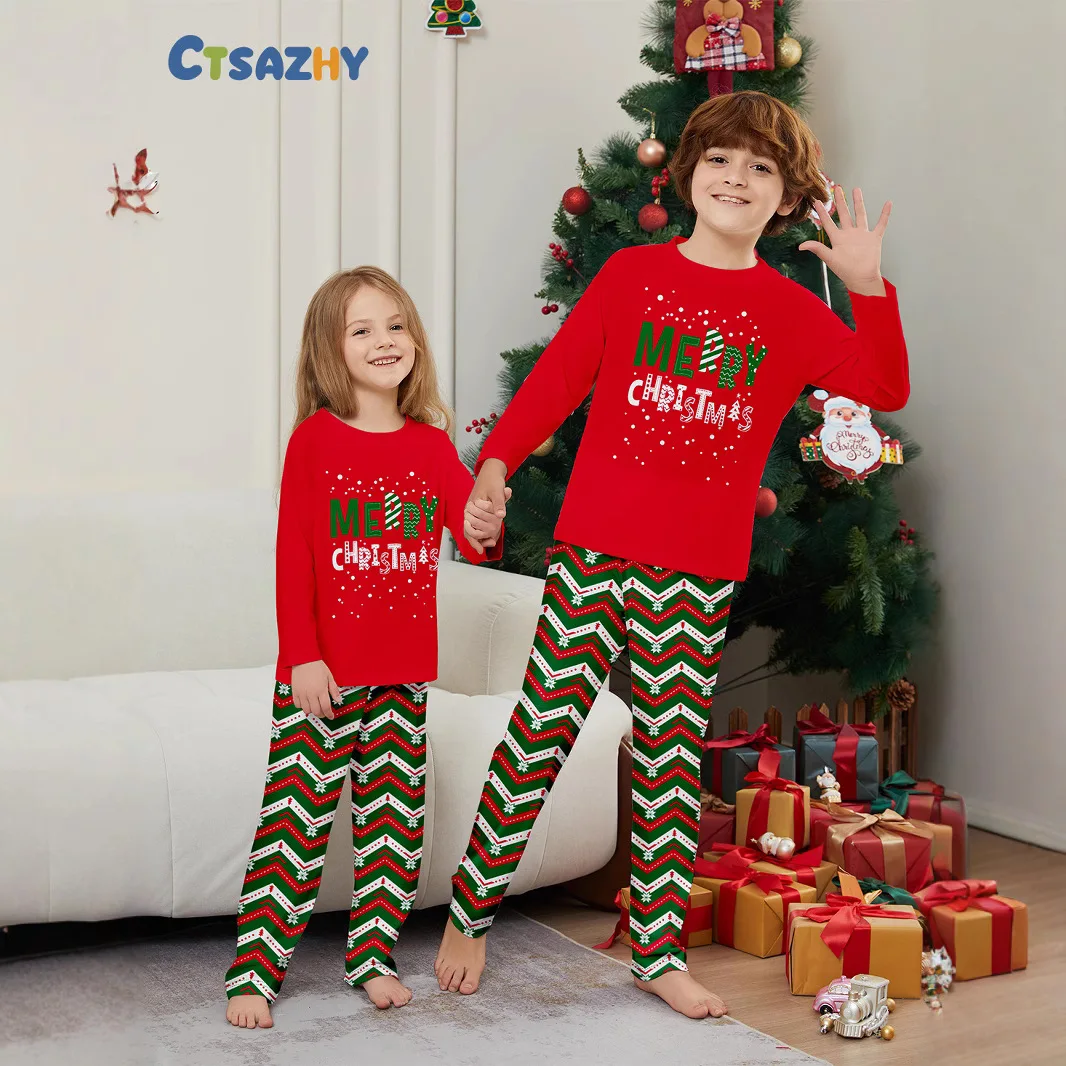 

Осенне-зимние модные пижамы, рождественский комплект для родителей и детей, домашняя одежда с длинными рукавами и буквенным принтом в полоску.