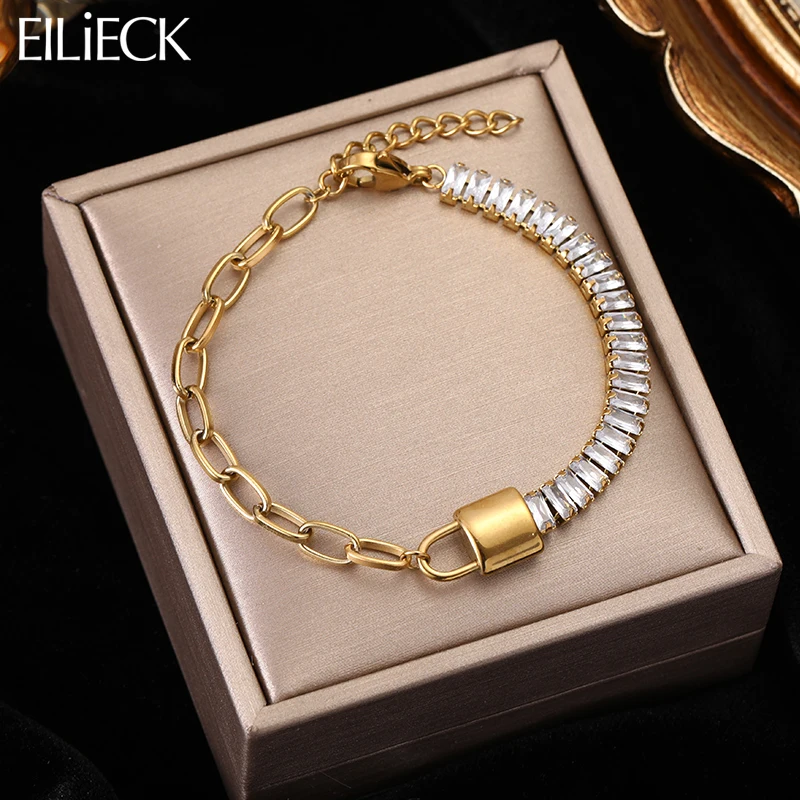 EILIECK 316L Stainless Steel Gold Color Metal Lock Chain Bracelet For Women Stylish White Sparkling Zircon Wrist Jewelry Gifts