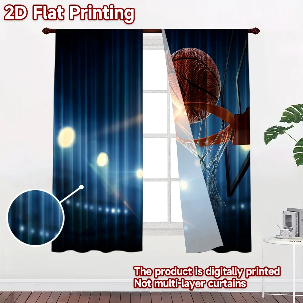 2D flat 2pcs Curtain Modern Minimalist Style Basketball in Hoop Digitally printed polyester Party & Holiday Decor Use for