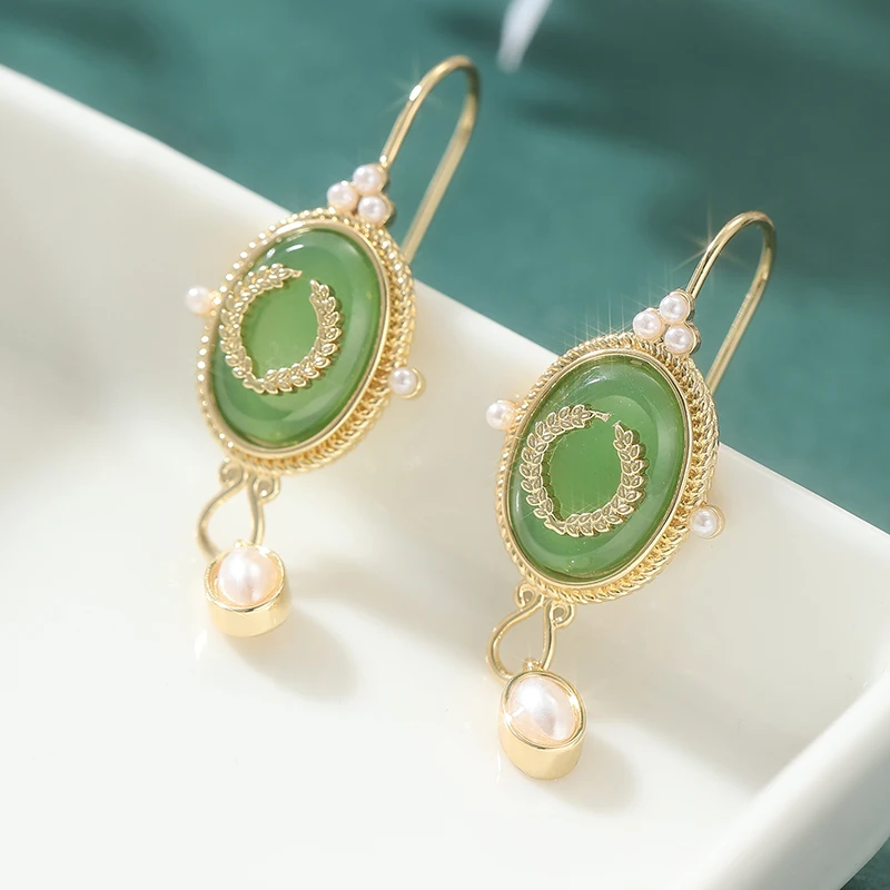Bohemian Style Elegant Synthetic Gemstone Golden Pendant Earrings Women's Vintage Delicate Banquet Celebration Jewelry Accessory