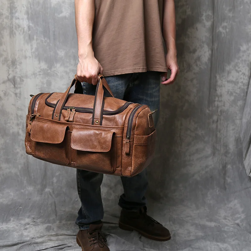 Vintage Large Capacity Men\'s Top Layer Cowhide Travel Bag Genuine Leather Crossbody Bag Hand-Held Short Distance Luggage Bag