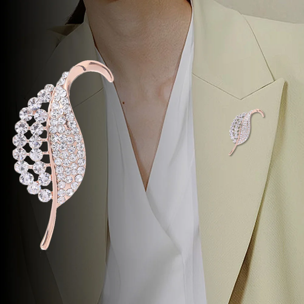

Super Beautiful Rose Gold Rhinestone Leaf Design Brooch, Elegant Women's Clothing Decoration Brooch Accessories