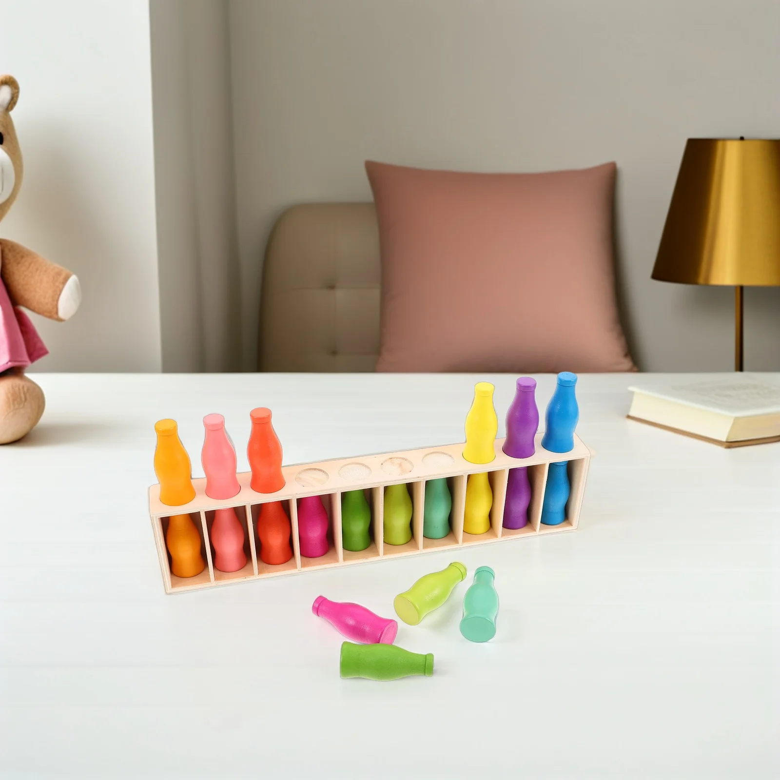 

1 set Wooden Matching Toys Color Sorting Game Toddler Puzzle Drink Bottle Design Montessori Preschool Learning Sensory Skill