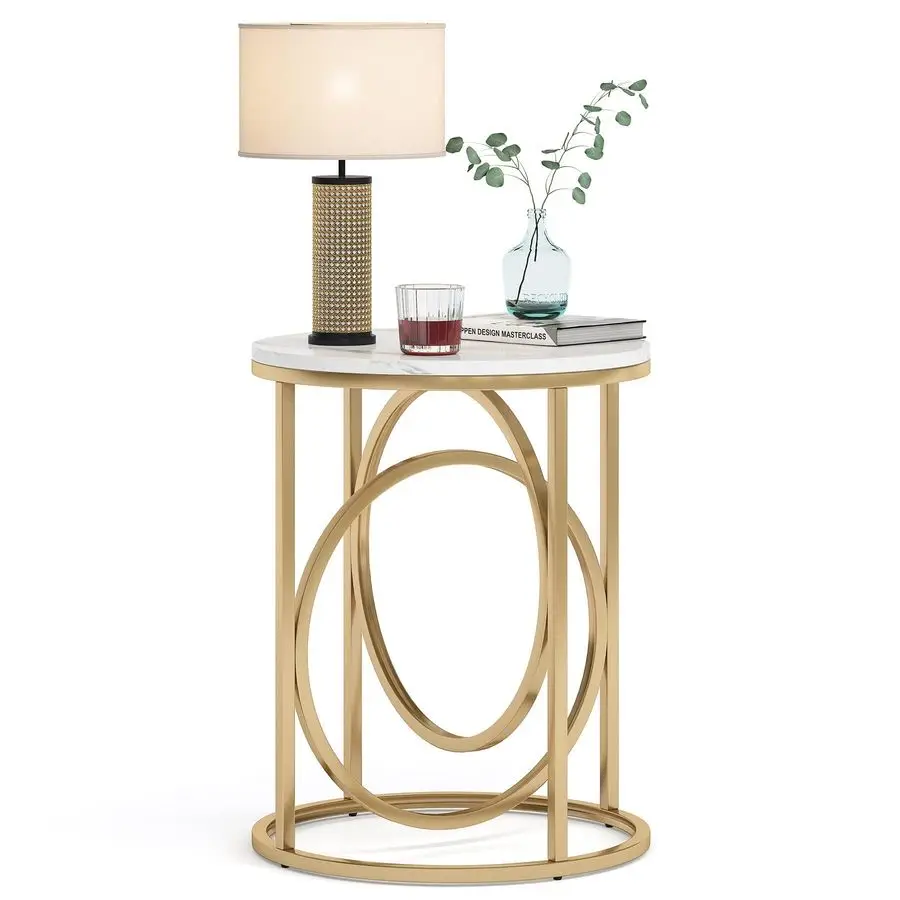 

Round End Table for Living Room, Modern Marble Side Table with Gold Metal Frame, White and Gold Accent Table, 26Inch Tall Narro
