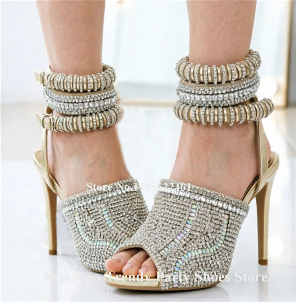 Kqaoqao Bling Bling Rhinestones Stiletto Heel Sandals Peep Toe Crystals Patchwork Gold Ankle Wrapped Thin Heel Wedding Pumps