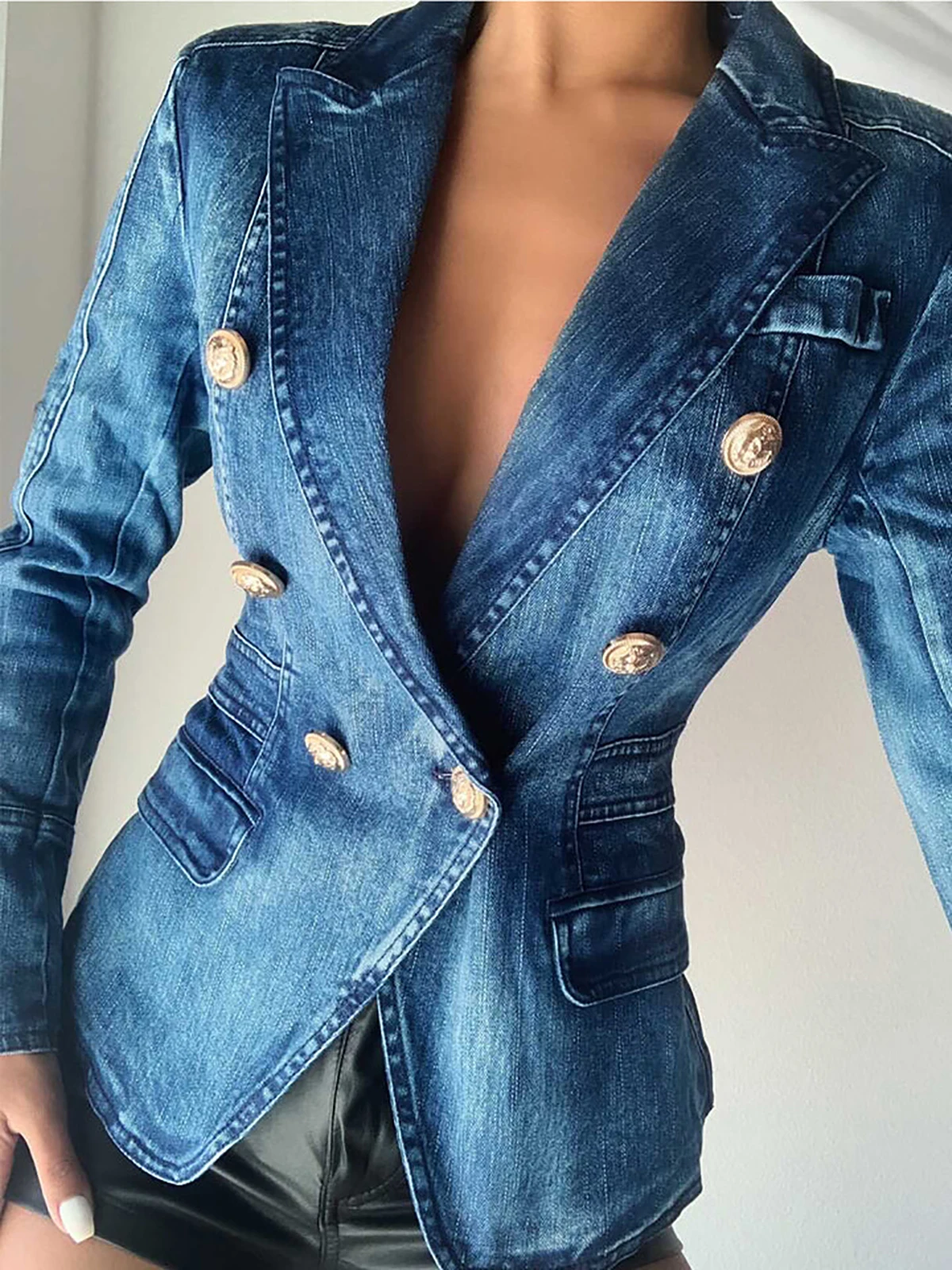 Gaun wanita Denim biru sesuai pesanan Slim Fit Double Breasted Fashion Show wanita jaket Blazer pakaian tamu satu potong