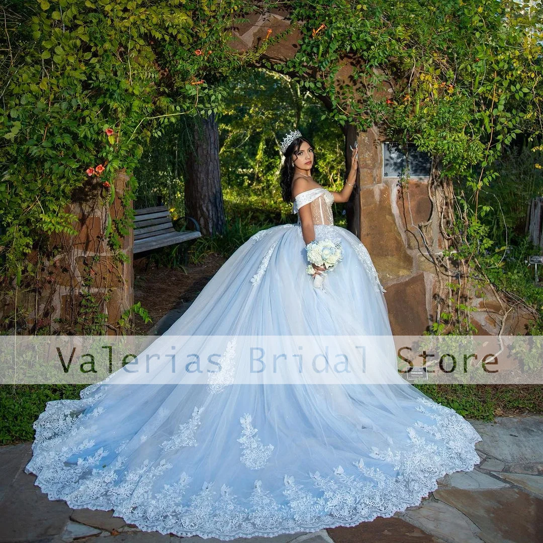 Vestido De Quinceañera De lujo, apliques De cuentas sin tirantes, ilusión De tren De barrido, Vestidos De baile De princesa, 15