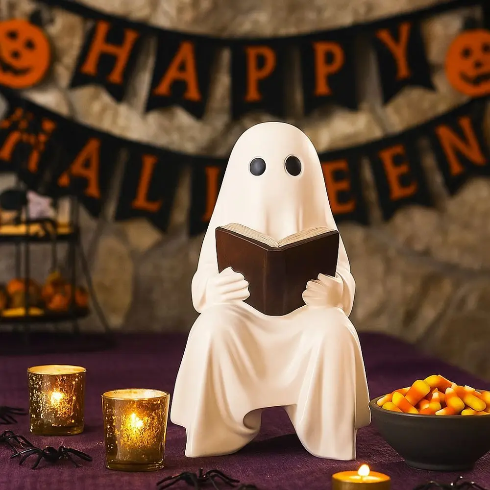 

Cute Ghost Reading Statue Sitting Reading Book Spooky Ghost Figurine Hand Painted Resin Halloween Ghost Figurine Bookshelf Decor
