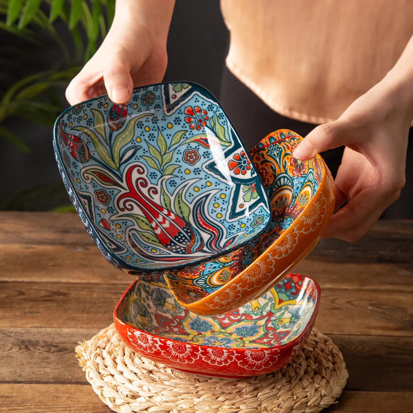 Retro Ceramic Exquisite Small Serving Plates Household Ceramic Plate Square Dish Plate Main Course Plate