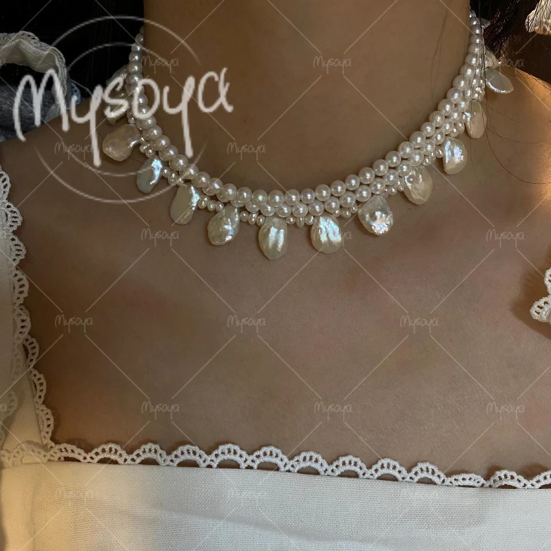 

MYSOYA 5-6mm & 6-7mm & 7-8mm Triple Freshwater Pearl Baroque Pearl Necklace, for Birthday/Wedding/Mother's Day Gift A0833