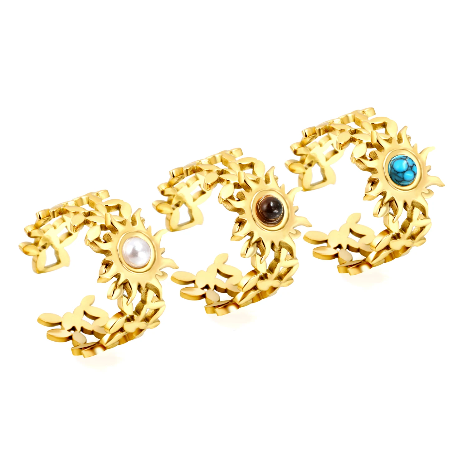 LUXUSTEEL Blue Stone Geometric Rings For Women Sun Style Golden Color Circle Open Rings Party Wedding Jewelry Gift