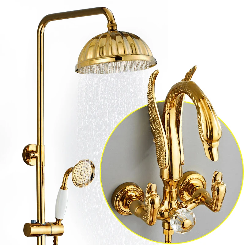 Exposed Antique Luxury Brass Shower Set 10 Inch Overhead Shower Head Gold Color Swan Shower Faucet