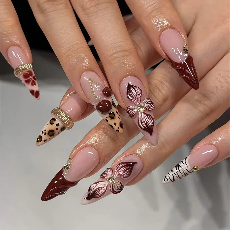 24pcs Flower Cherry Design Stick on Nail Leopard Print French Tips Almond False Nails Long Almond Press on Fake Nails Finished
