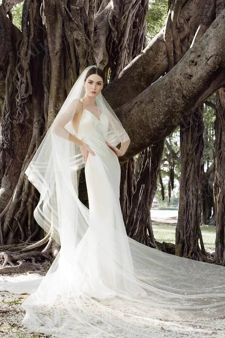 2Tiers 4M Oval Shaped Organza Ribbon Cathedral Veil Wedding Silk Satin Horsehair Bridal Veils Long Blusher