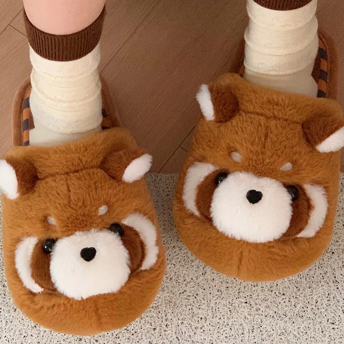 Women House Fur Slippers Casual Cute 3D-shaped Lovely Raccoon Design Brown Winter Indoor Non-slip Warm Soft Soles Comfy Home New