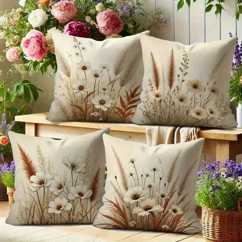 4 Stück Vintage-Kissenbezüge mit Blumenmuster, 45 x 45 cm, doppelseitig bedruckte Kissenbezüge, Retro-Gänseblümchen-Pflanzen-Heimdekoration, Dekokissen, Nr