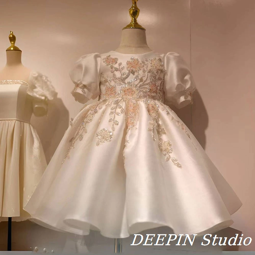 

2025 Luxury Dubai Beaded Sequined Princess Gown Off-White Kids Wedding Birthday Pageant Ceremony Flower Girls Attire Beaded