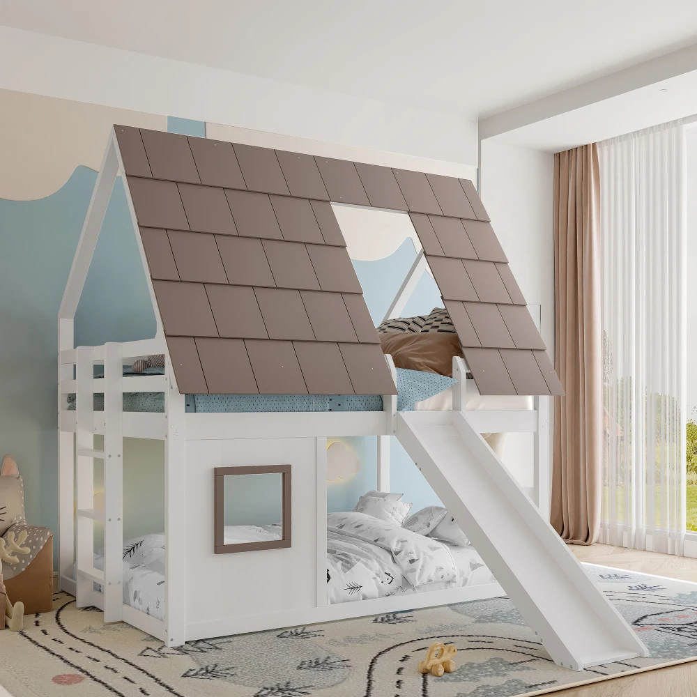 Image of Kinder-Holzhaus-Etagenbett 140x200 mit Dach, Leiter und Rutsche, Multifunktionales, Robustes und Sicheres Schlafzimmermöbel für Jungen und Mädchen