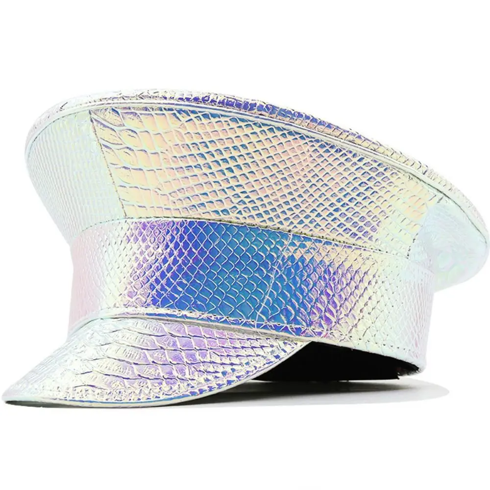 Unisex Design PU Leather Laser Hats Waterproof Sunscreen Captain Cap Flat Caps UV Protection Party Hat Prom Performance Bar