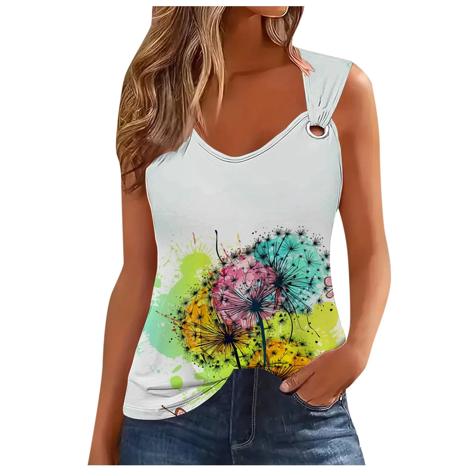 女性用ノースリーブフローラルプリントTシャツ,透かし彫りトップ,カジュアルファッション,セクシーなタンクトップ,夏,2022