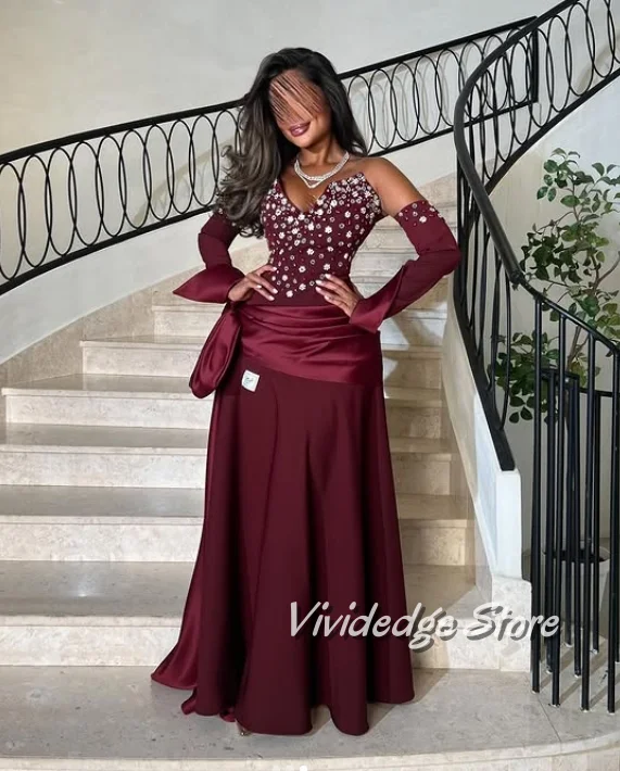 Customized Strapless Burgundy Evening Dresses V Neck Rhinestone Ruffles Luxury Prom Dresses For Special Occasion Wedding Party D
