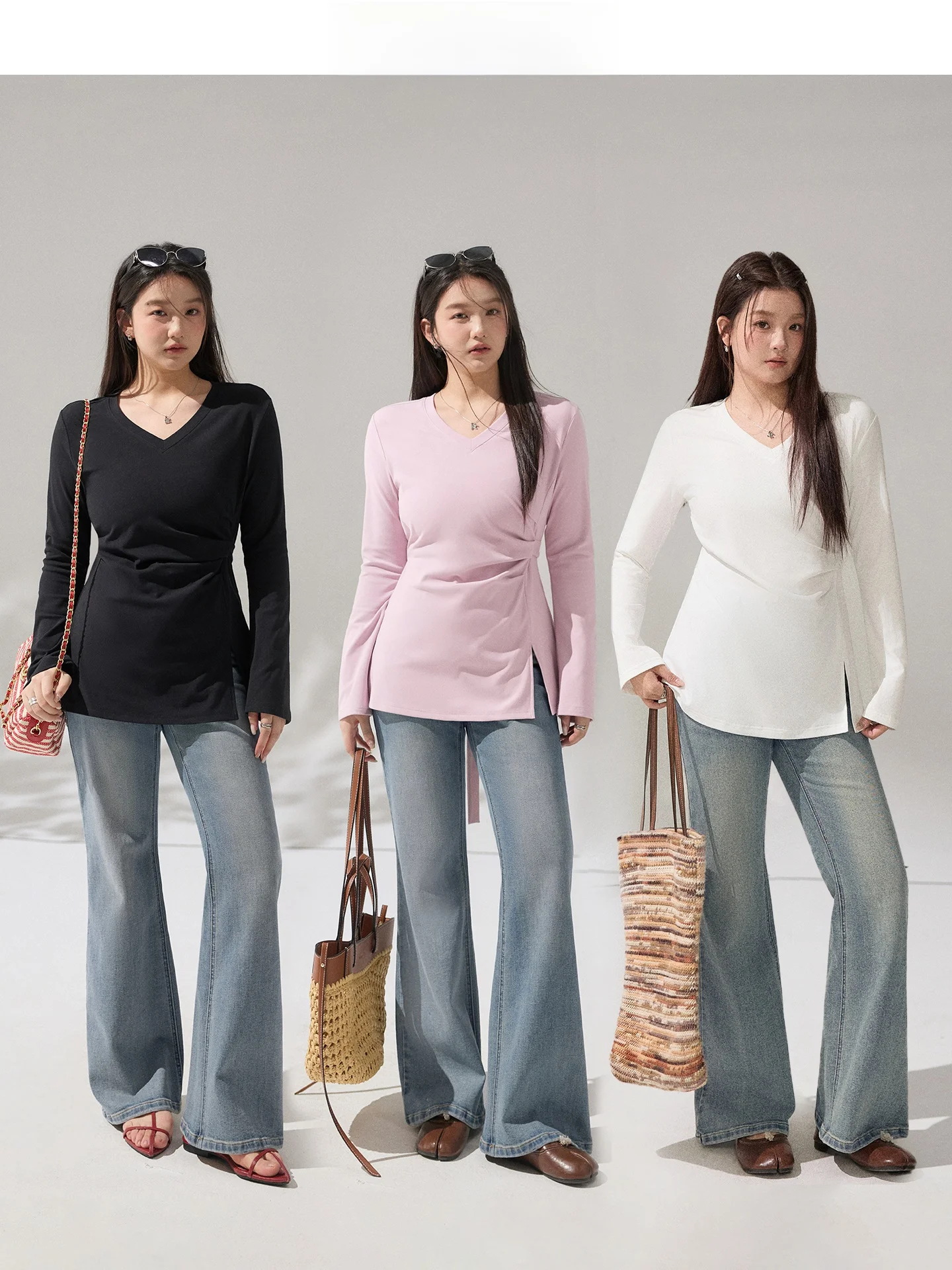 

Белая женская футболка с длинным рукавом и поясом, повседневная, с эффектом утяжки талии, из смесового хлопка, весенняя, модная, удобная для повседневной носки, с V-образным вырезом