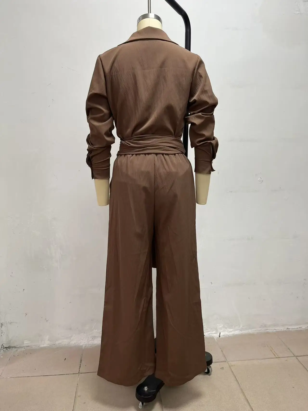 Women Brown Jumpsuit  Outfit Lapel Long Sleeve Button Shirt High Waist Belt Tie Wide Leg Pants Elegant Office Vacation Jumpsuits view 5