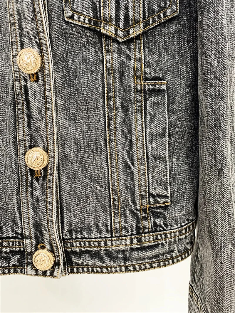 Giacca di jeans da donna In cotone con risvolto due tasche con colletto grande top a maniche lunghe cappotto nero con fibbia a leone a fila singola nuovo arrivo In magazzino