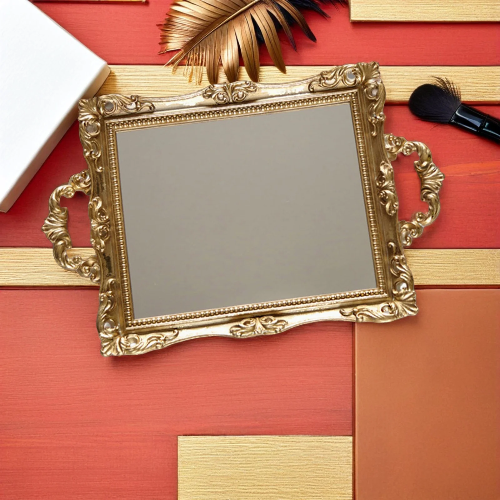 

1Pcs Make-Up Mirror Plate Fine Craftsmanship Golden Finish for Vintage Storage Tray Wedding Dessert Table Decor