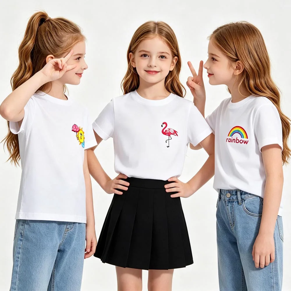 Basic White Tee Shirts for Girls 100% Cotton Teen Toddler Kids 1 to 14 Years Graphic Rainbow Flamingo T Shirt Korean Summer Tops
