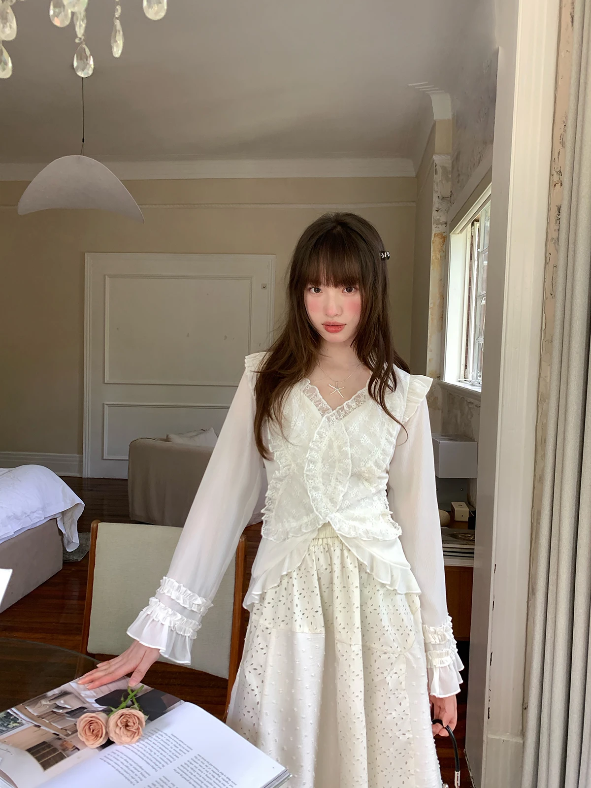 

Женский топ Ele Lace Sve с длинным рукавом, милым воротником, дышащий, из полиэстера, весна-осень