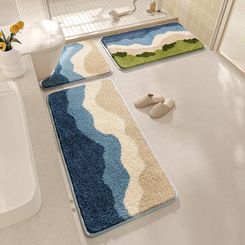 Ocean Wave Bath Mat Set Super Fiber Flocking Thickened Plush Bathroom Carpet Toilet Foot Mat Non-slip and Water Absorbent