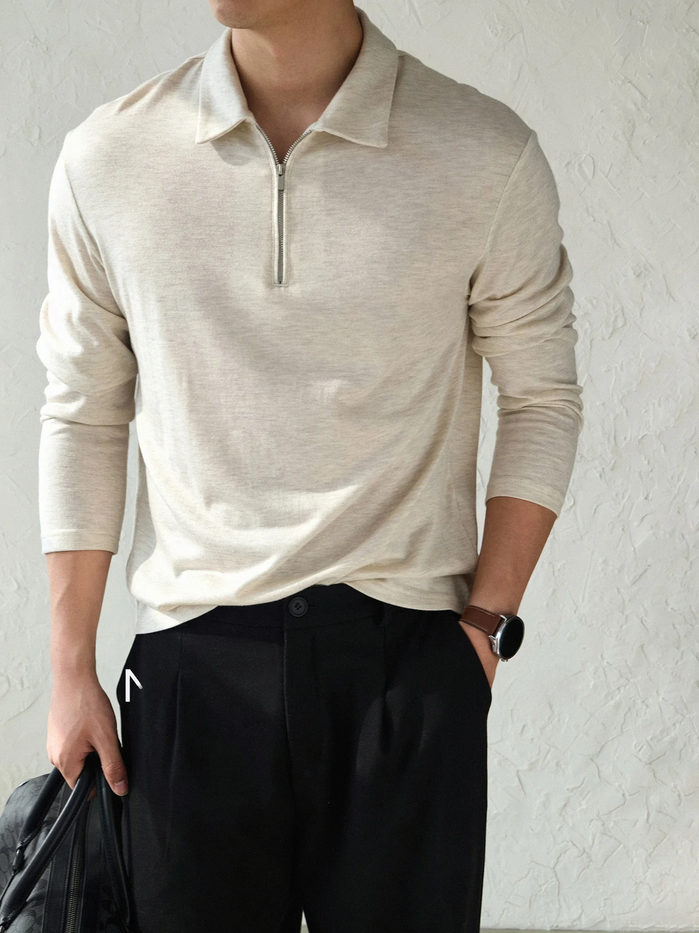 Casual Knitted Long Sleeve  Shirt Men's Zipper Knitwear Breathable Skin-friendly Pure Color Base Layer Top