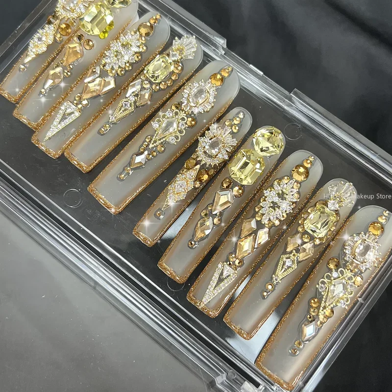Cusztomized Handgemachte Luxus 3XL Quadratische Falsche Nagelspitze Strass Drücken Sie Auf Nägel Y2K Wiederverwendbare XXL Lange Sarg Gefälschte Nägel Mit Kleber