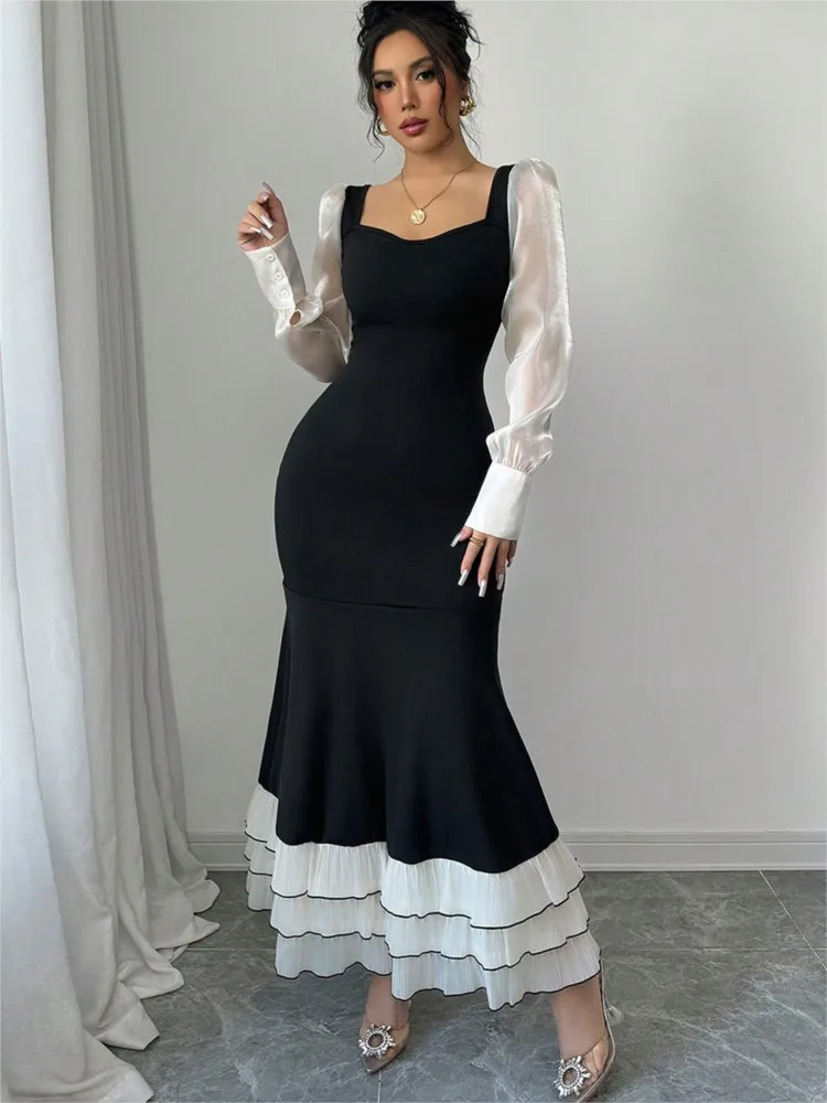 

Dresses 2025 Woman Temperament Slim Long Sleeve Dress Contrast Color Mermaid French Elegant Evening Dress Simple Style Trendy