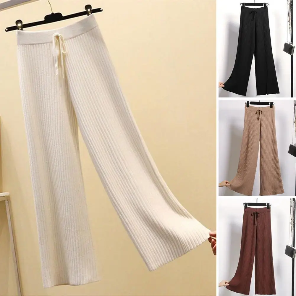 Women Wide-leg Knit Trousers Stylish Women\'s High Waist Drape Pants with Drawstring Ribbed Straight Wide Leg Design Solid Color