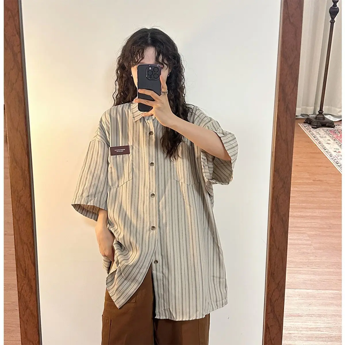 Summer New Vintage Loose Stripe Women Shirt Casual Unisex Short Sleeve Shirt Fashion Pocket Single Breasted Female Blouse Tops