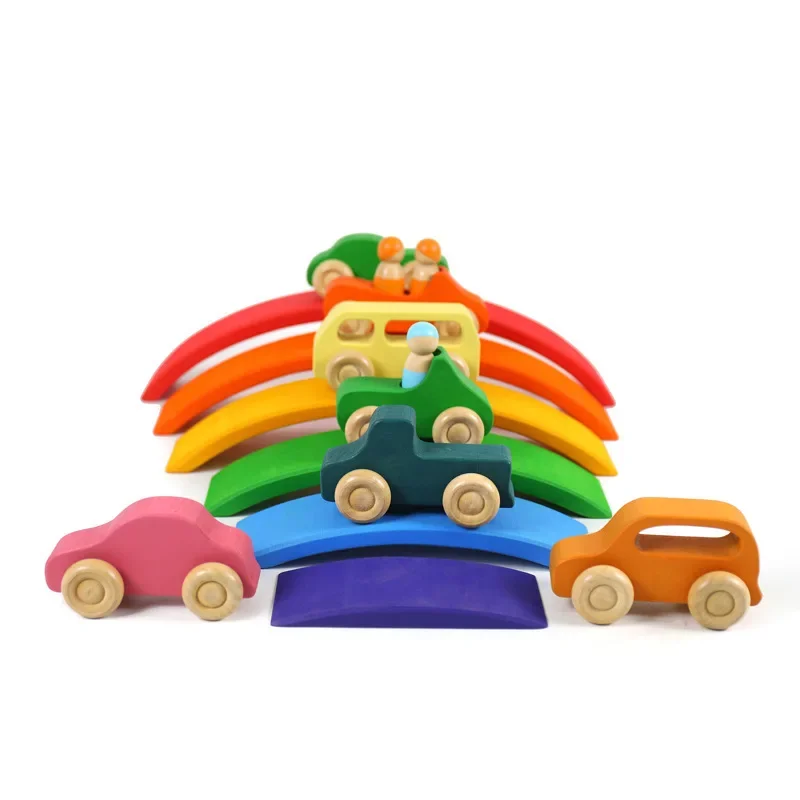 Holz Kleinkind Spielzeug 7 stücke Regenbogen Auto Bausteine Magnetische Bau Set Puzzle Montessori Brettspiele Diorama Kinder Spielzeug