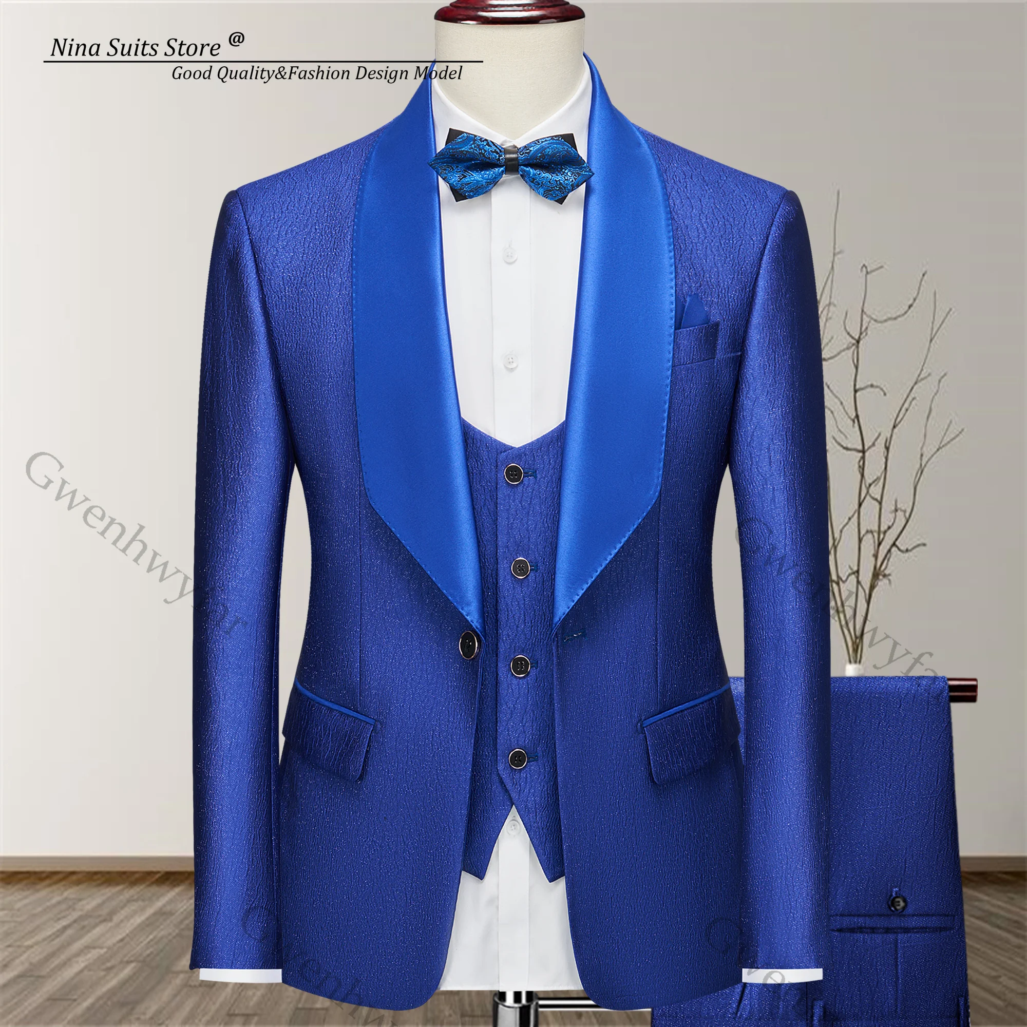 

Gwenhwyfar 2025 Customized Men's 3-piece Suit Set Royal Blue Ripple Jacquard Suit One Button Groom and Groomsman Wedding Suit